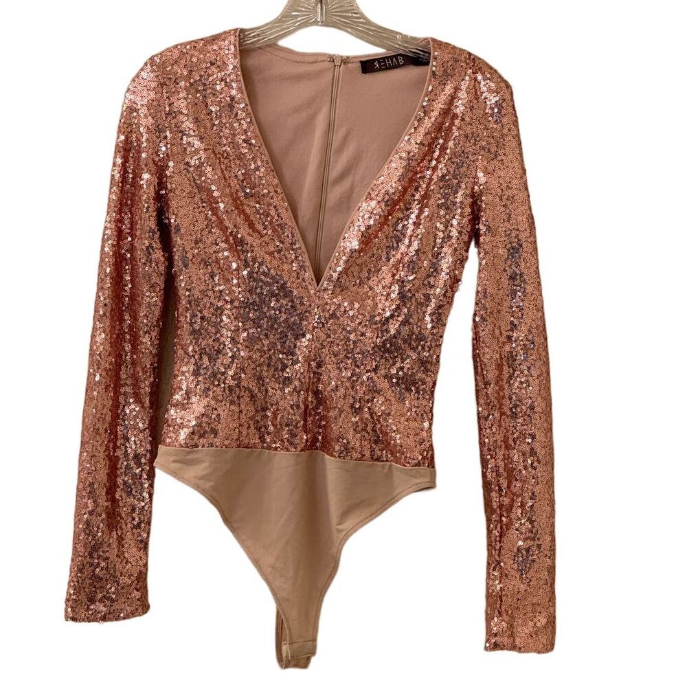 Rehab Rose Gold Sequin Long Sleeve Deep V-Neck Body Suit Size Small